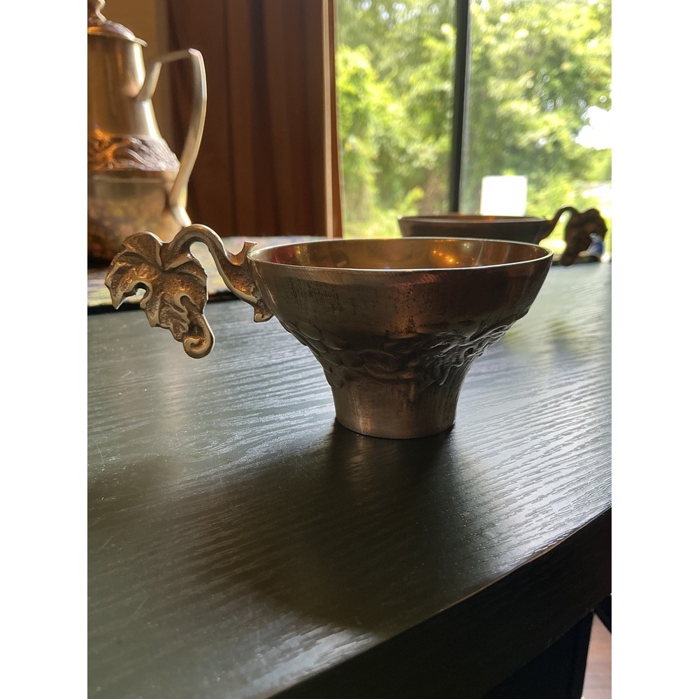 Vintage Brass Tea Coffee Pot Set with 2 Leaf Handle Cups Embossed Floral Pattern - Picture 16 of 16